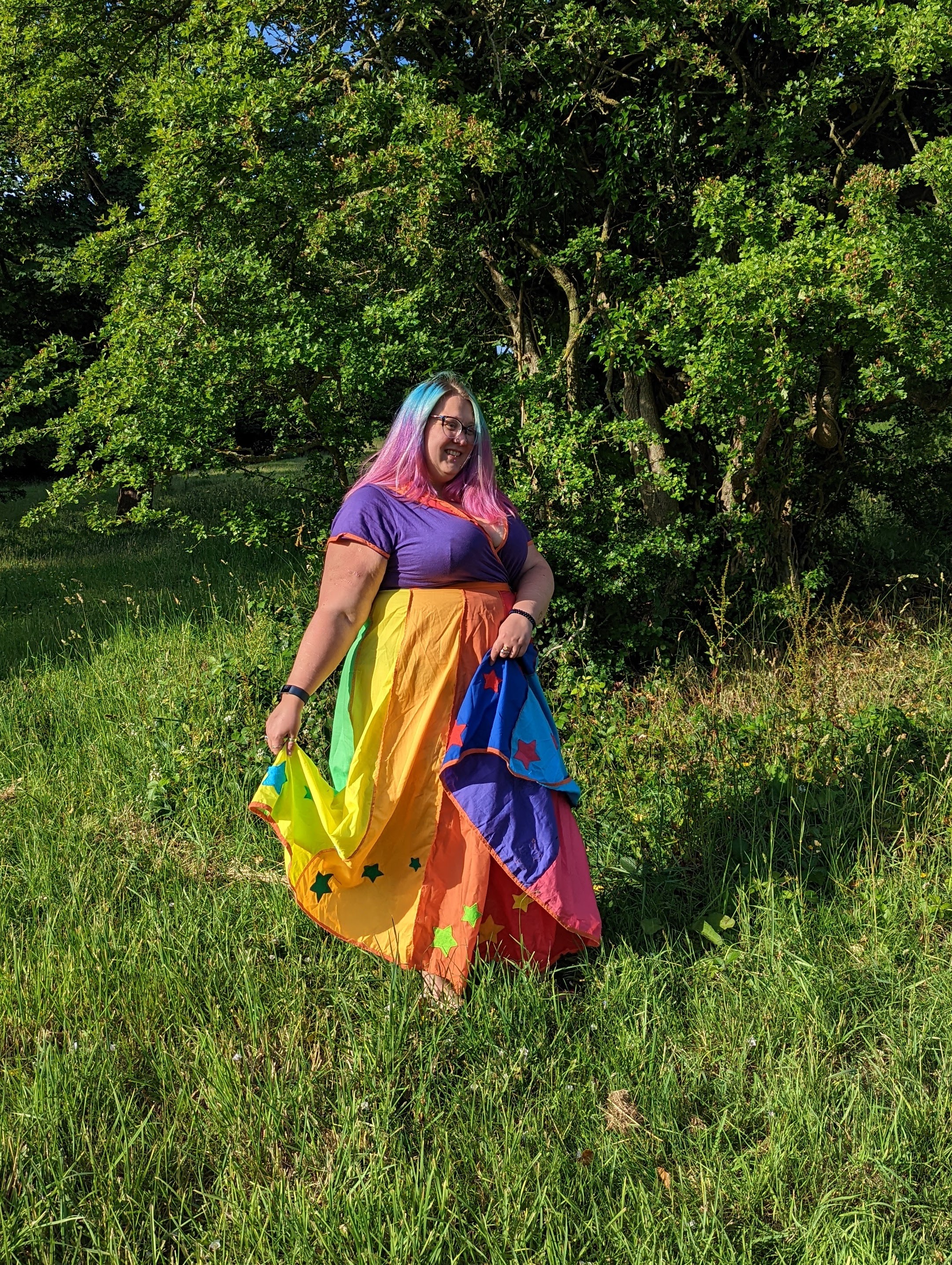 Katie in rainbow dress.