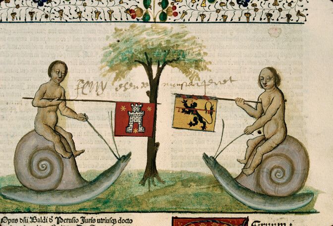 Snails being ridden by naked jousters (Lectura super Institutionibus, France, 1480 – 1481)